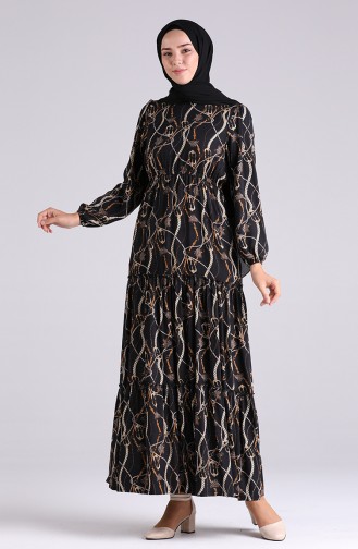 Floral Pattern Viscose Dress 3003-03 Black 3003-03