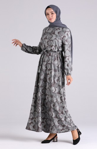 Patterned Belted Dress 1942-01 Gray 1942-01