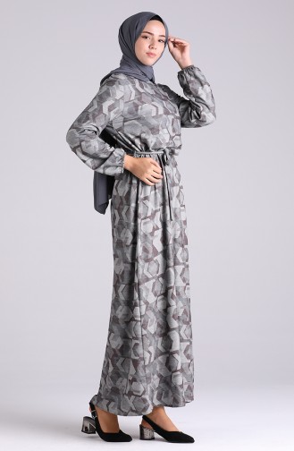 Patterned Belted Dress 1942-01 Gray 1942-01