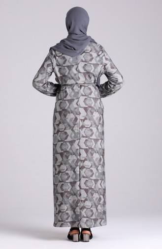 Desenli Kuşaklı Elbise 1942-01 Gri
