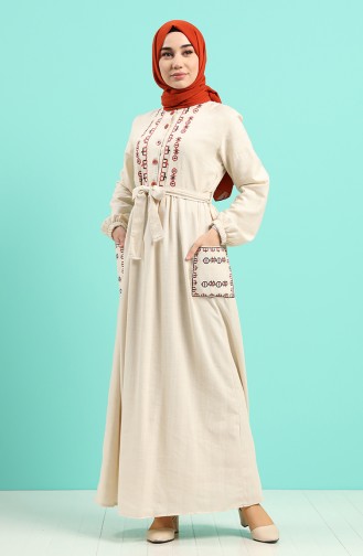 Embroidered Belted Dress 8005-06 Beige 8005-06