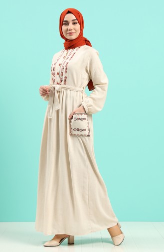 Embroidered Belted Dress 8005-06 Beige 8005-06