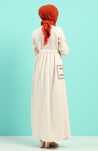 Nakışlı Kuşaklı Elbise 8005-06 Bej