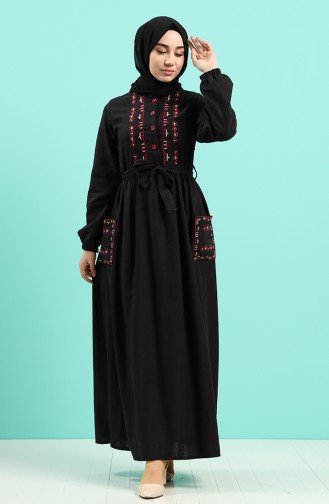Nakışlı Kuşaklı Elbise 8005-08 Siyah