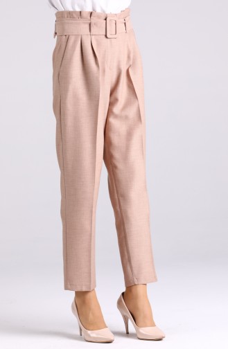 Kemerli Düz Paça Pantolon 1123-05 Bej