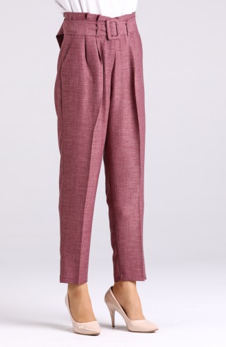 Kemerli Düz Paça Pantolon 1123-06 Gül Kurusu
