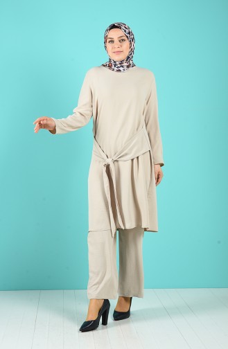 Plus Size Belted Tunic Trousers Double Suit 1505-10 Beige 1505-10