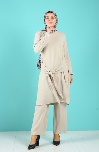 Plus Size Belted Tunic Trousers Double Suit 1505-10 Beige 1505-10