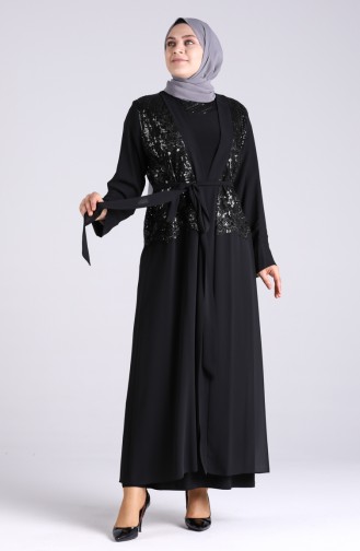 Plus Size Sequined Dress Abaya Double Suit 8015-01 Black 8015-01