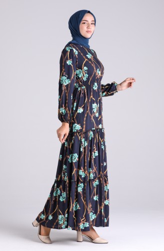 Floral Patterned Viscose Dress 3003-01 Navy Blue 3003-01