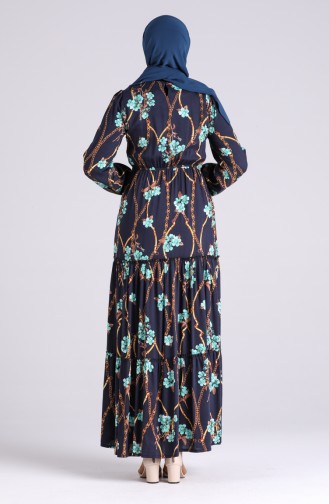 Floral Patterned Viscose Dress 3003-01 Navy Blue 3003-01