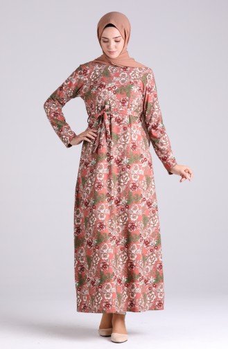 Patterned Belted Dress 5708j-06 Dry Rose Mink 5708J-06