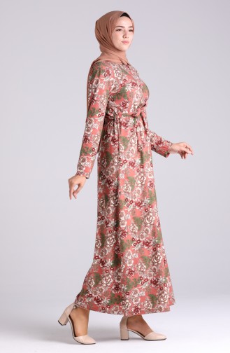 Patterned Belted Dress 5708j-06 Dry Rose Mink 5708J-06