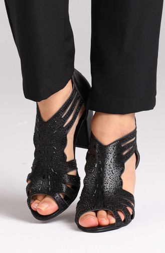 Bayan Topuklu Taş Detaylı Ayakkabı 1353-02 Siyah Sıvama