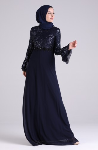 Sequined Evening Dress 5901-03 Navy Blue 5901-03