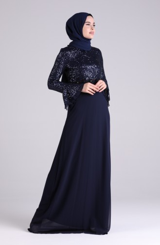Sequined Evening Dress 5901-03 Navy Blue 5901-03