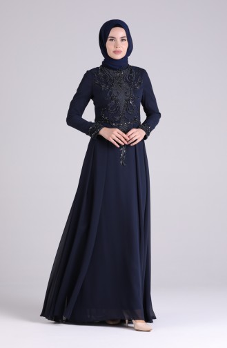 Navy Blue İslamitische Avondjurk 9211-03