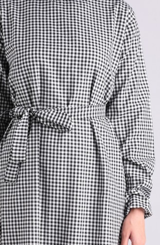 Kareli Kuşaklı Elbise 4624-01 Siyah