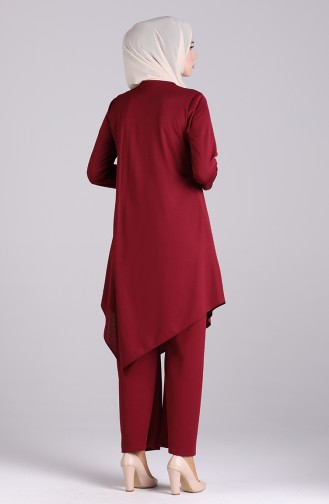 Button Detailed Tunic Trousers Double Suit 2020-07 Burgundy 2020-07