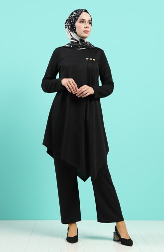 Button Detailed Tunic Trousers Double Suit 2020-08 Black 2020-08