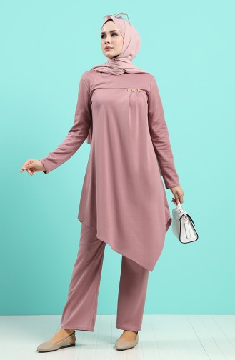 Button Detailed Tunic Trousers Double Suit 2020-09 Dried Rose 2020-09
