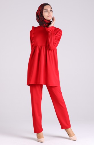 Fırfırlı Tunik Pantolon İkili Takım 3061-04 Kırmızı