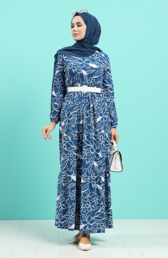 Belted Patterned Dress 0378-03 Saxe Blue 0378-03