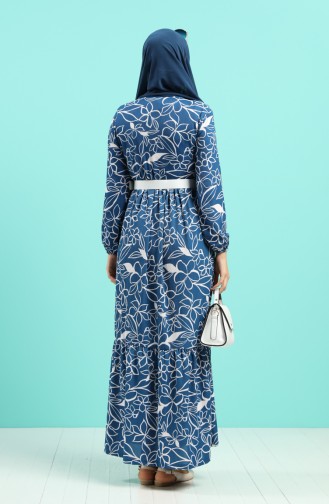 Belted Patterned Dress 0378-03 Saxe Blue 0378-03