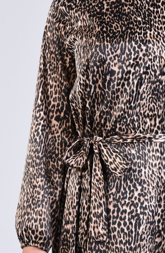 Leopar Desenli Kuşaklı Elbise 2157-01 Kahverengi