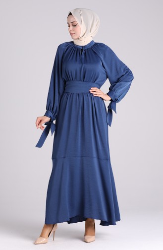 Belted Satin Dress 1050-02 Indigo 1050-02