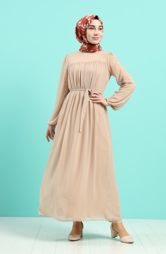 Shirred Chiffon Dress 3055-06 Beige 3055-06