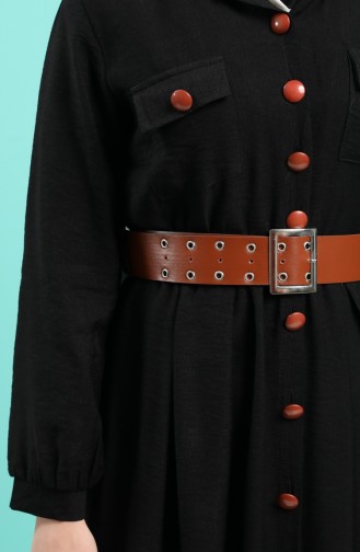 Boydan Düğmeli Kemerli Elbise 8094-05 Siyah