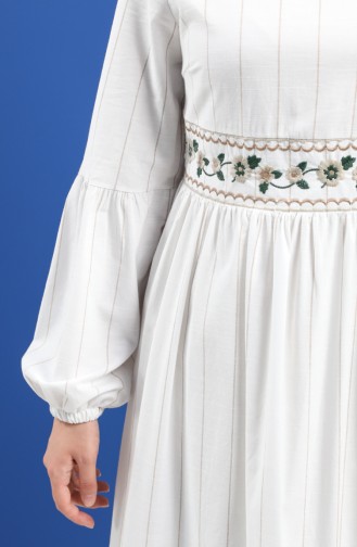 Nakışlı Pamuklu Elbise 8100-03 Beyaz Bej