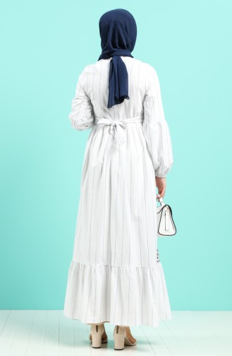 Nakışlı Pamuklu Elbise 8100-04 Beyaz Mavi