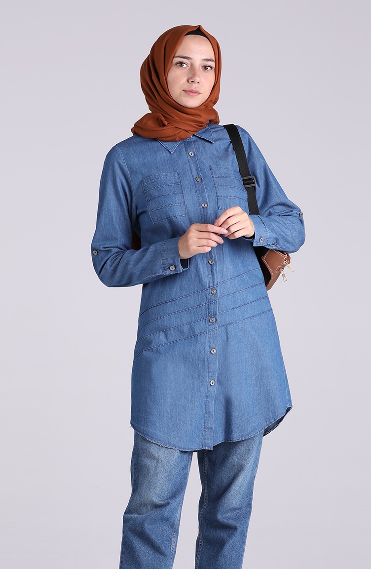 Düğmeli Kot Tunik 1002-01 Lacivert