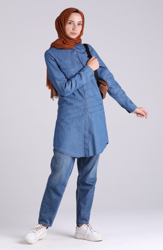 Düğmeli Kot Tunik 1002-01 Lacivert