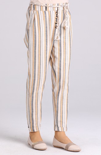 Button Detailed Striped Trousers 5000-03 Mustard 5000-03