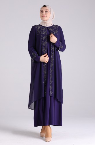 Plus Size Stone Printed Evening Dress 3157-01 Purple 3157-01
