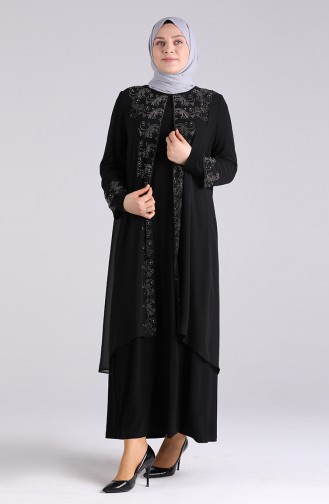 Plus Size Stone Printed Evening Dress 3157-03 Black 3157-03