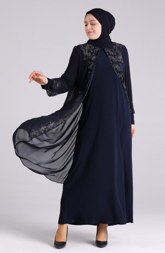 Navy Blue Hijab Evening Dress 3157-02