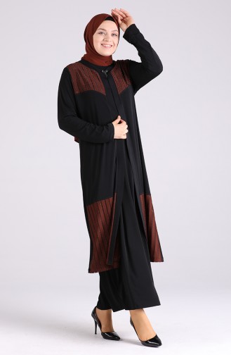 Büyük Beden Yelekli Elbise Takım 7053-03 Siyah Kahverengi