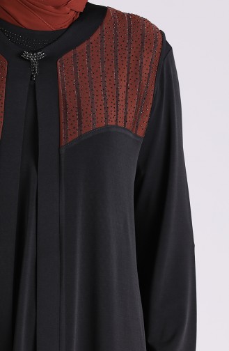 Büyük Beden Yelekli Elbise Takım 7053-03 Siyah Kahverengi
