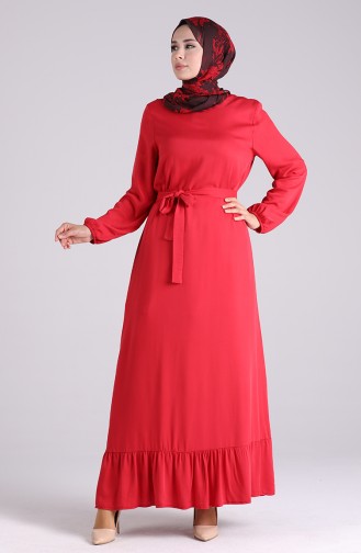 Kolu Lastikli Kuşaklı Elbise 1302-01 Kırmızı