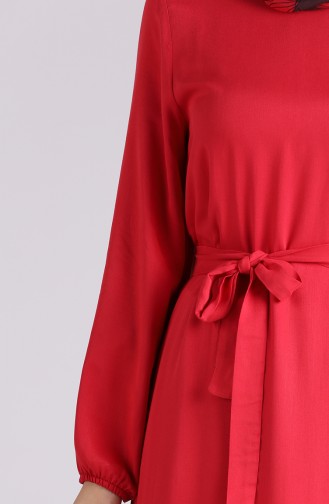 Kolu Lastikli Kuşaklı Elbise 1302-01 Kırmızı