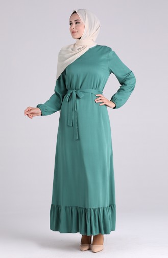 Kolu Lastikli Kuşaklı Elbise 1302-02 Çağla Yeşili