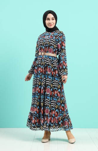 Patterned Chiffon Dress 3053-01 Black Blue 3053-01