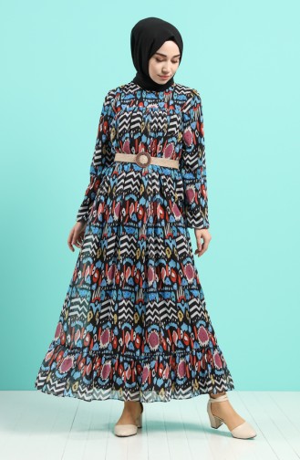 Patterned Chiffon Dress 3053-01 Black Blue 3053-01