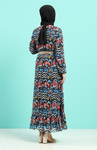 Patterned Chiffon Dress 3053-01 Black Blue 3053-01