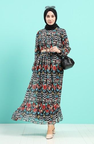 Patterned Chiffon Dress 3053-02 Black Tile 3053-02