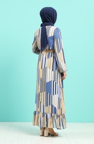 Çizgili Kemerli Şifon Elbise 3054-01 Hardal Mavi